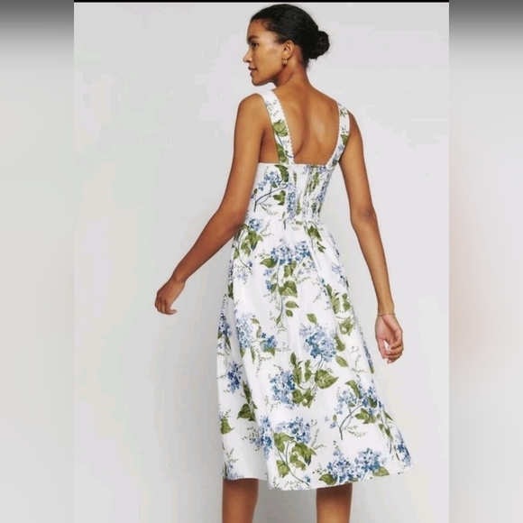 Reformation Tagliatelle Midi Dress Women's 10 Linen Smocked Floral White - Picture 2 of 15